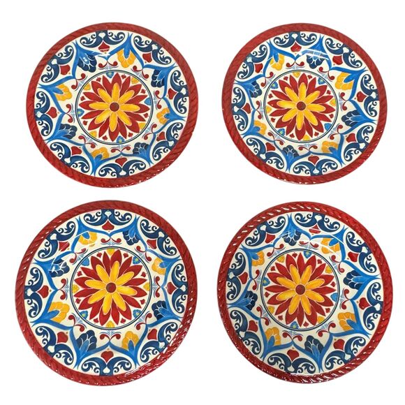 Tuscan Floral Sunflower Melamine Lunch Salad Plates Set Of 4 Red Multicolor - Picture 1 of 9